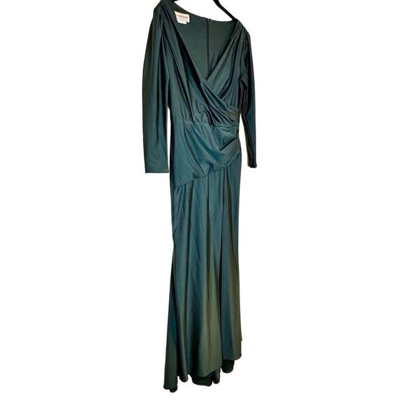 Cynthia & Sahar Long Sleeve Draped Wrap Stretch Satin Evening Dress Green Medium - Picture 2 of 4